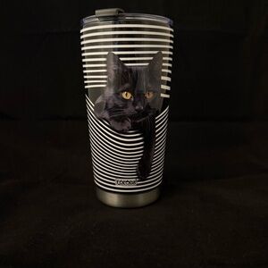 Black Cat Kitty Striped Stainless Travel Tumbler Mug  - Black